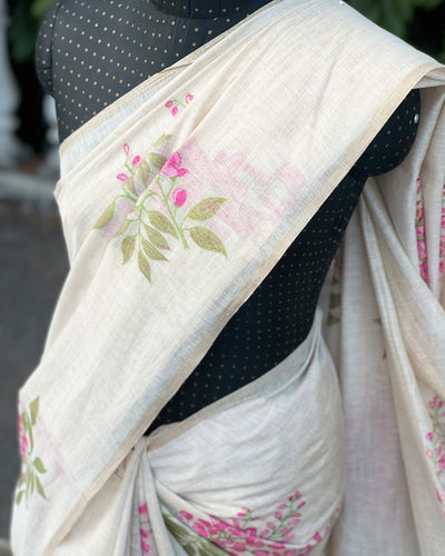 IT-V15895 Cream & Pink Linen Saree