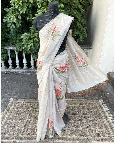 IT-V15897 Cream & Orange Linen Saree